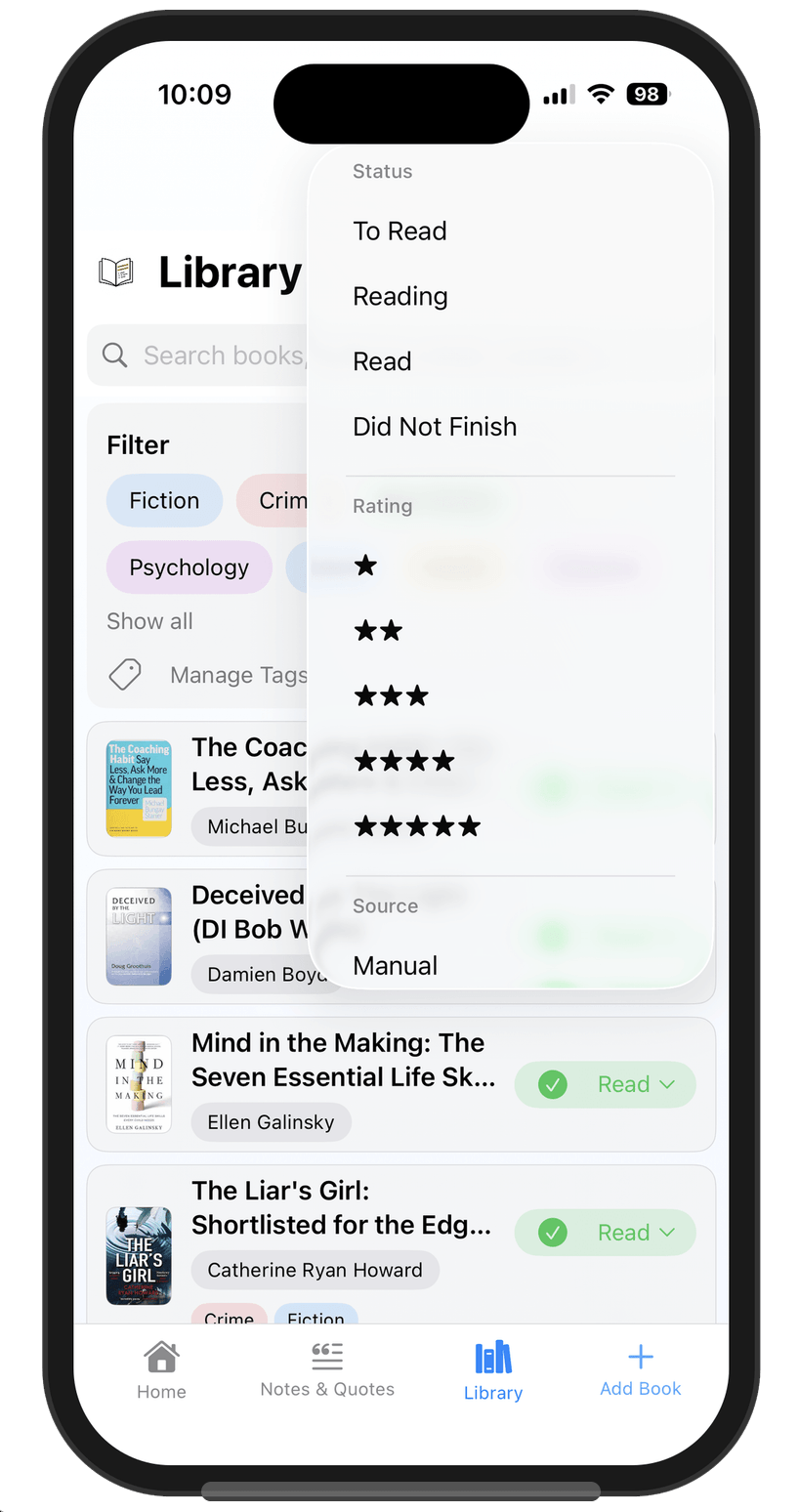 The old filter menu showing status, rating, and source options in a long scrolling dropdown