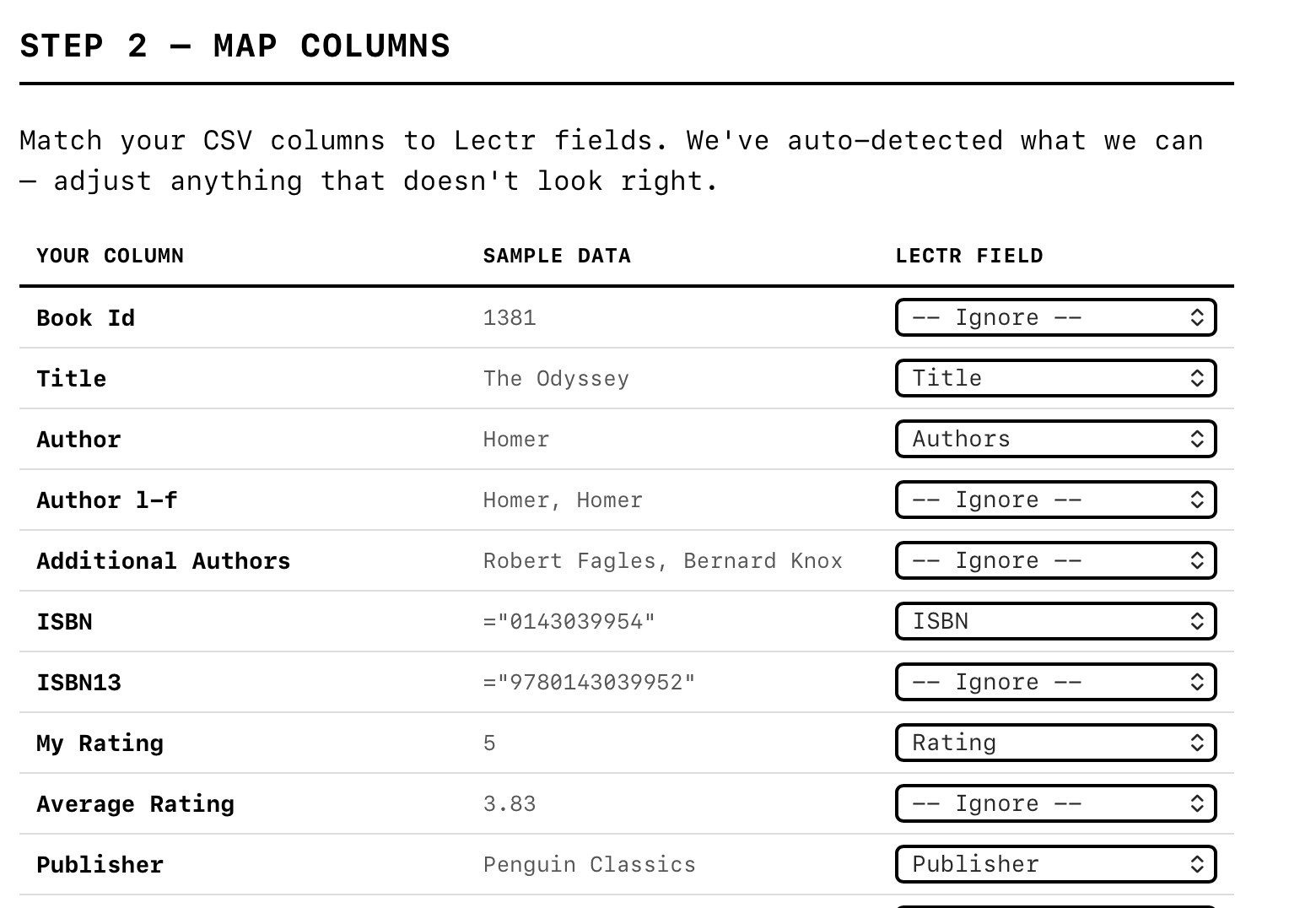 Column mapping interface showing auto-detected fields with sample data from The Odyssey