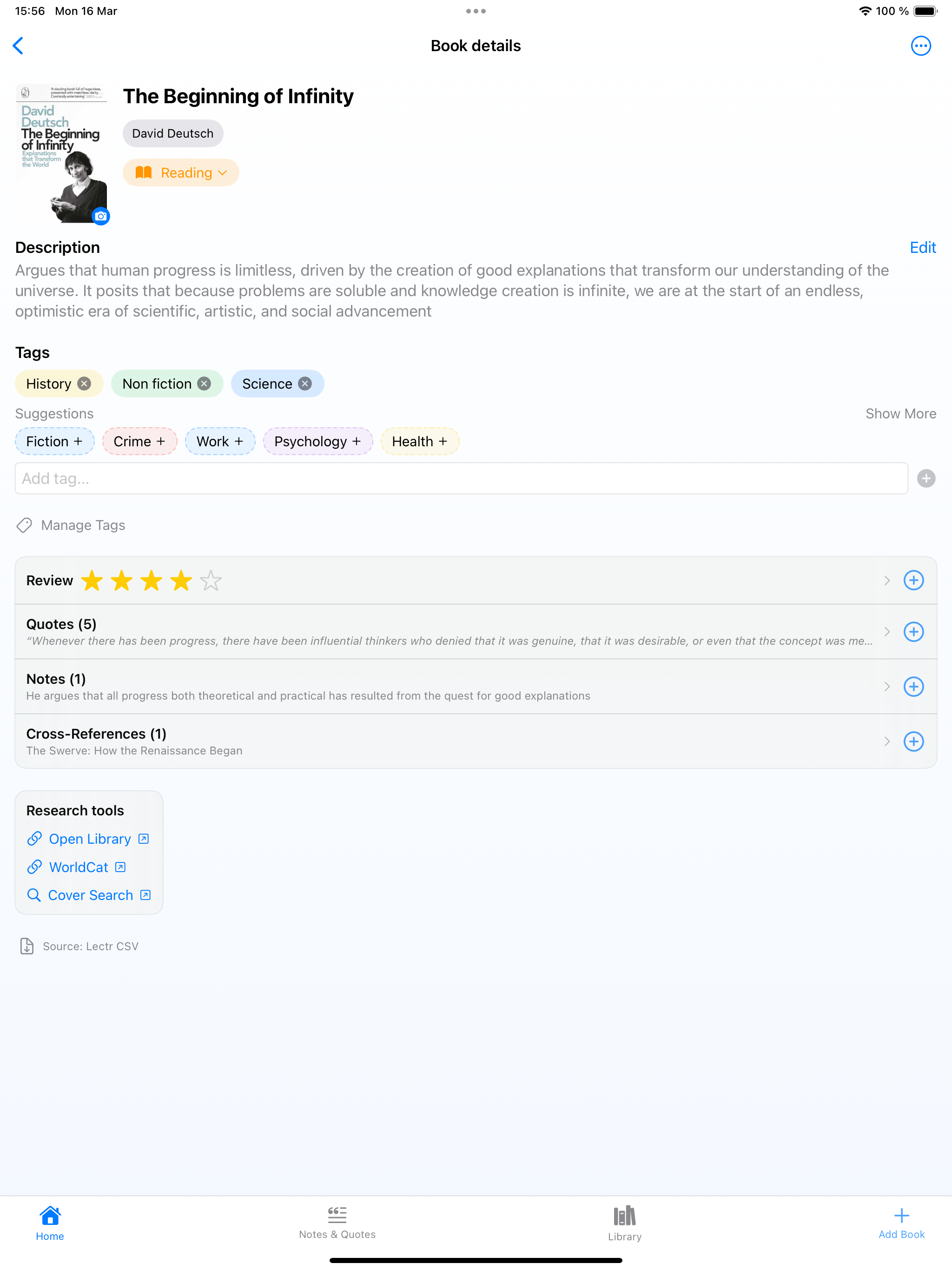 Book detail view with tags, review, quotes, and research tools