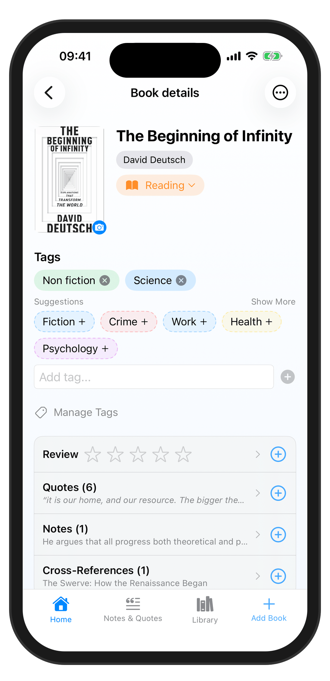 Book detail with cover, tags, review and quotes
