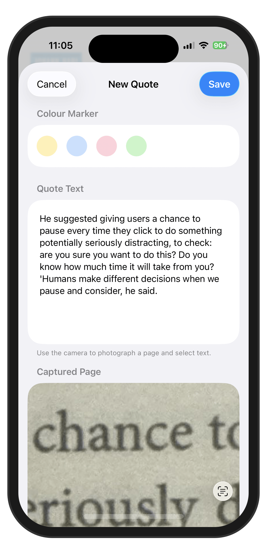 Quote editor with colour markers and captured page